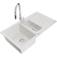 Zlewozmywaki z baterią - Mexen Matias zlewozmywak granitowy 1,5-komorowy z ociekaczem i baterią kuchenną Savita, biały - miniaturka - grafika 1