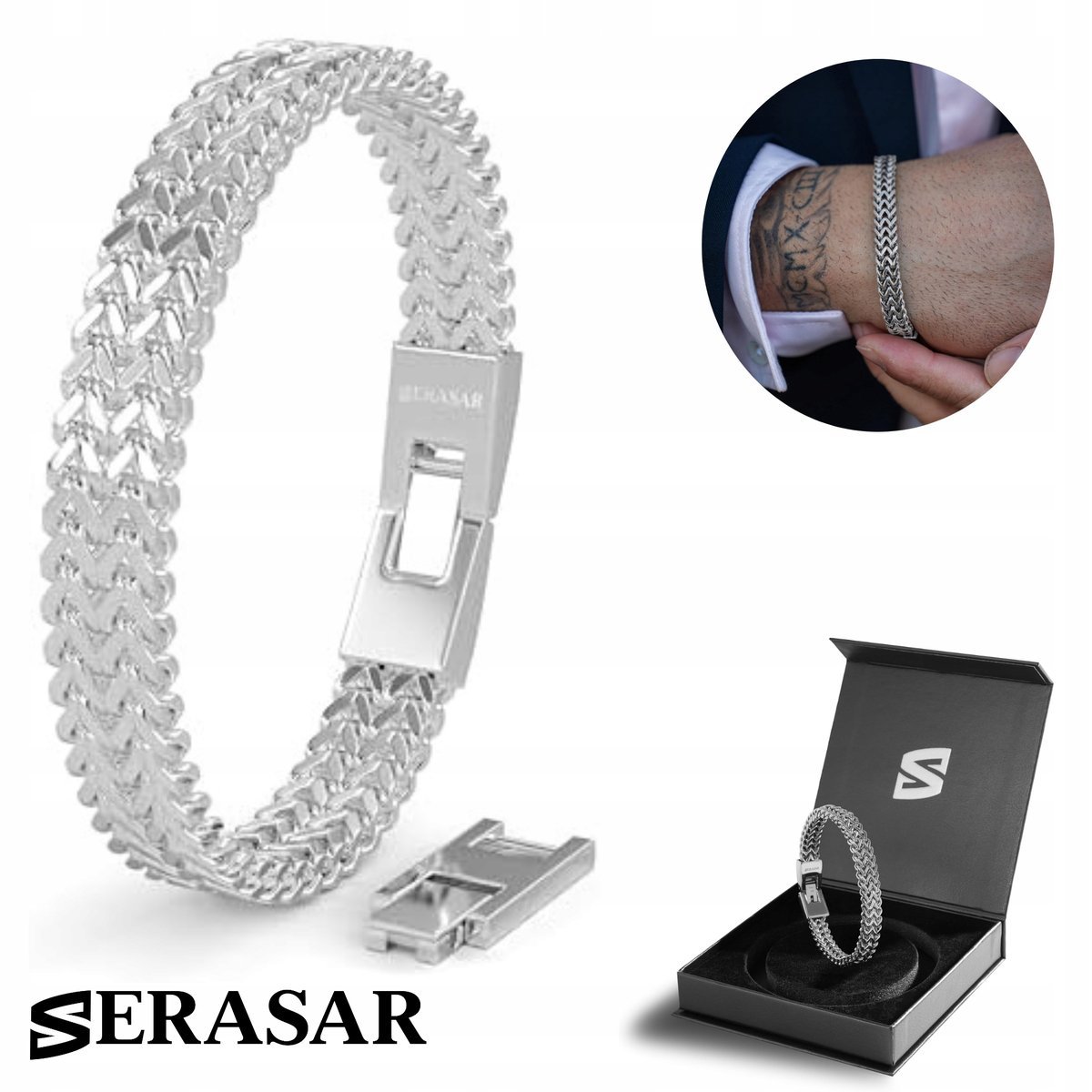 SERASAR, Bransoleta ze stali nierdzewnej premium dla mężczyzn [Franco] Stal chirurgiczna 316L, Srebrny, 23 cm, Wodoodporny, Bezpieczne zapięcie, W z..