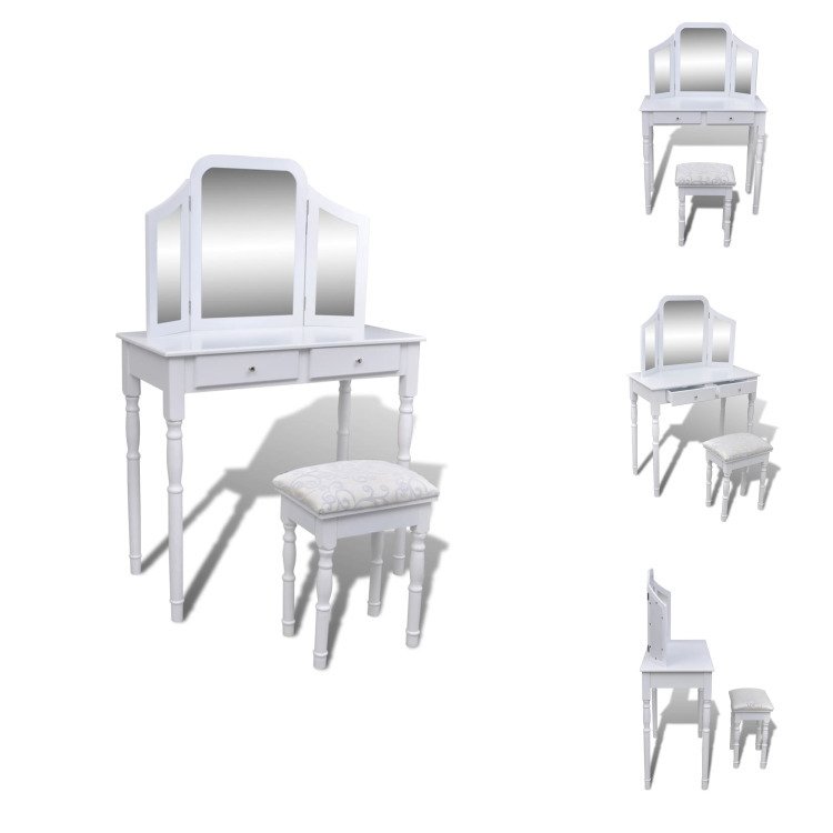 vidaXL Toaletka z lustrem 3 w 1 i stołkiem 2 szuflady biała - Toaletki