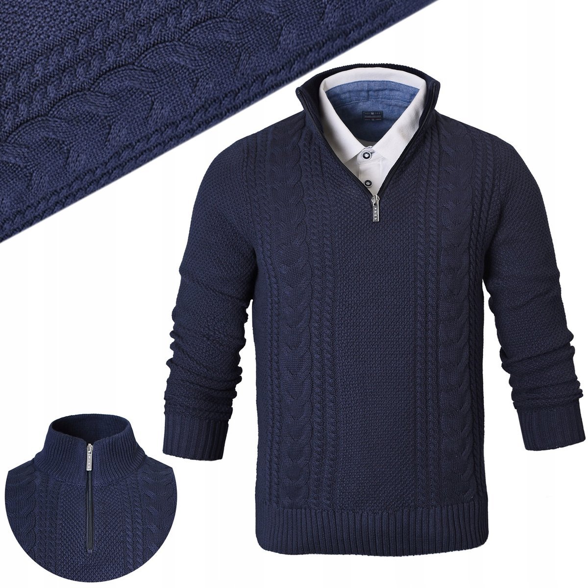 SWETER Męski z Rozpinanym Półgolfem na Suwak Ciepły GRANATOWY 2XL Pako Jeans