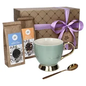 Filiżanki - Filiżanka porcelanowa z łyżeczką i herbatą Owoce Leśne + Soczysta Pomarańcza odcienie zieleni Lile Paeonia LI-084G - miniaturka - grafika 1