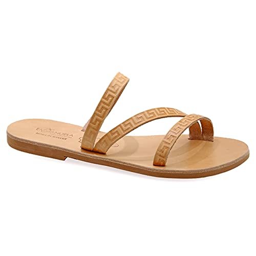 38 Beżowy Emmanuela Starożytne Greckie Handmade Płaskie Skórzane Sandały z Meander, Jakości Pasek Letnie Buty Dla Kobiet, Otwarty Sandały Slide Sandals, Sandały Chic Boho