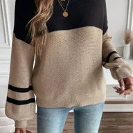 Swetry damskie - TEMU Elegancki sweter z blokami kolorów dla kobiet - okrągły dekolt, luźny krój, długi rękaw, beżowy i czarny, idealny na wiosnę/jesień, styl , top - miniaturka - grafika 1
