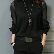 Koszule damskie - TEMU Elegancka bluzka damska z wysokim dekoltem i długim rękawem - transparentna koszula w jednolitym kolorze z falbankami na rękawach, materiał - miniaturka - grafika 1