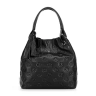 Torebki damskie - Damska torebka typu worek ze skóry sygnowana w monogram czarno - srebrna - miniaturka - grafika 1