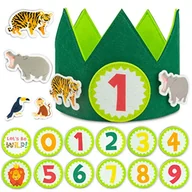 Zabawy w naśladowanie dorosłych - Korona Urodzinowa Dżungla z wymiennymi cyframi od 0 do 9 i figurkami tematycznymi - BONNYCO | Pierwsze urodziny prezenty dla chłopców dziewcząt, dekoracje na imprezę, korona na pierwsze urodziny - miniaturka - grafika 1