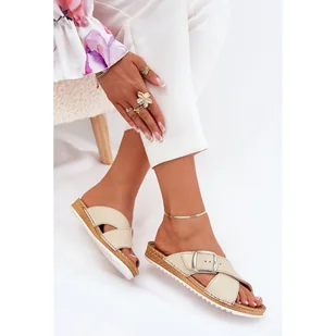 Skórzane Klapki Damskie Z Klamrą Inblu VO0004GU Beżowe beżowy - Klapki i japonki damskie - miniaturka - grafika 1