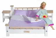 Domki dla lalek - Zestaw Sypialnia ASH drewniana podwójna dla Barbie i Kena : Łóżko + 2 szafki nocne + pościel , mebelki drewniane do domku dla lalek Model lawendowy - miniaturka - grafika 1