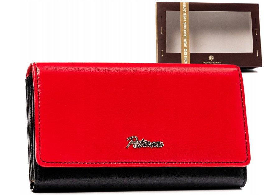 Skórzany damski portfel Peterson dwukolorowy na karty i dokumenty pojemna portmonetka na zatrzask, czarny czerwony
