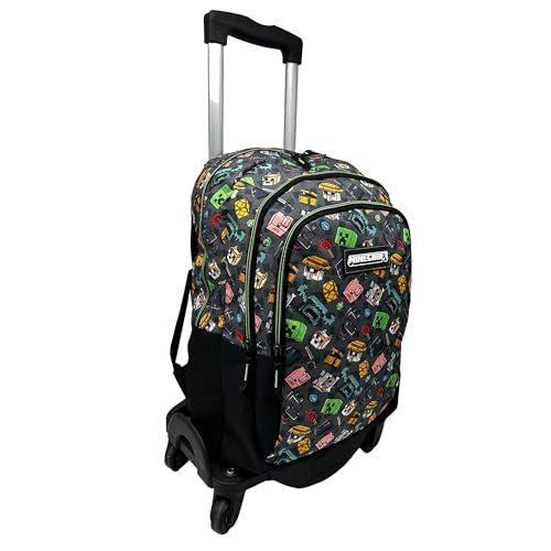 Minecraft Plecak szkolny Pixel 25 Podwójna komora z możliwością dostosowania + CZARNY TOYBAGS Z OCHRONĄ BOCZNĄ I STOPER PRZEDNI ANTI Upadek 4 kółka obrotowe - 44 x 30 x 20 cm, Biały, M, Casual