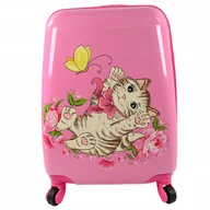 Walizki - WALIZKA DZIECIĘCA RÓŻOWA DLA DZIEWCZYNKI KOT BAGAŻ PODRĘCZNY TORBA 4 KÓŁKA - miniaturka - grafika 1