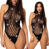 Komplety bielizny - CZARNE BODY seksowne DIAMENCIKI bodystocking siateczka sexy CYRKONIE - miniaturka - grafika 1