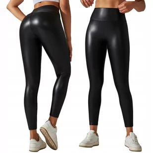 Legginsy MODNE Wysoki Stan MODELUJĄCE EKOSKÓRA Elastyczne PUSHUP CZARNE M - Legginsy - miniaturka - grafika 1