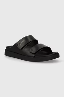 Calvin Klein klapki skórzane FLAT ADJ SLIDE CALVIN MTL LTH damskie kolor czarny HW0HW01954 - Klapki i japonki damskie - miniaturka - grafika 1