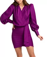 Sukienki - Swing Fashion Stefany elegancka sukienka damska, odświętna, na imprezę, letnia sukienka wieczorowa, sukienka koktajlowa, minisukienka z dekoltem w kopertę, długi rękaw, krótka, fioletowy, L - miniaturka - grafika 1