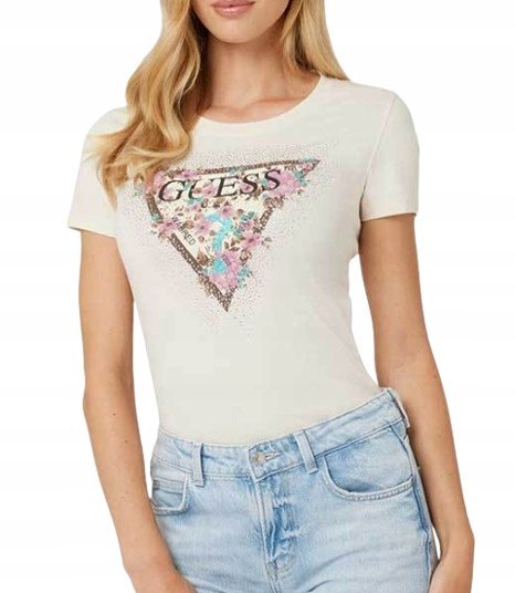 GUESS BEŻOWY T-SHIRT DAMSKI Z LOGO I KWIATOWYM NADRUKIEM PROSTY XS GMB