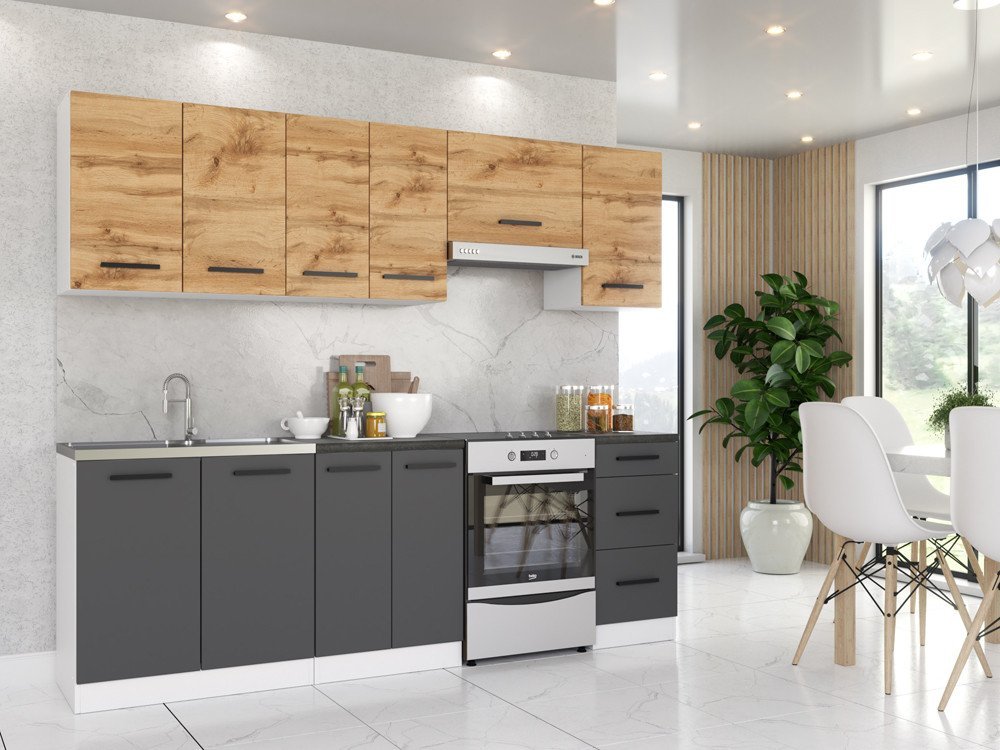 Meble Kuchenne Szare Z Drewnem Modułowe Nowoczesne Komplet Mokka 2.4m