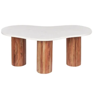 BELIANI Stolik kawowy biały marmur drewno akacjowe nóżki 90 x 45 x 35 cm owalny blat salon nowoczesny minimalistyczny - Ławy i stoliki kawowe - miniaturka - grafika 1