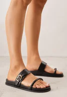 Klapki i japonki damskie - Czarne Klapki z Dwoma Paskami i Metaliczną Klamrą Doriax - miniaturka - grafika 1