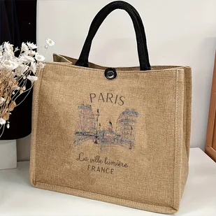 TEMU 1 szt. Torba typu tote Paris dla kobiet, khaki materiałowa torebka z nieruchomymi paskami na ramię, podszewka z poliestru, zapięcie na zatrzask, - Inne - miniaturka - grafika 1