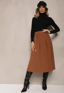 Spódnice - Brązowa Spódnica z Wiskozą o Rozkloszowanym Kroju z Paskiem Łańcuszkiem Lilethra - miniaturka - grafika 1