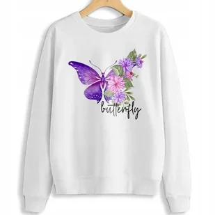 Piękna Dresowa Bluza Damska Biała Motyle Wzory - S - Bluzy damskie - miniaturka - grafika 1