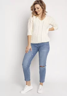 Delikatny Sweterek Zdobiony Warkoczami - Ecru - Swetry damskie - miniaturka - grafika 1
