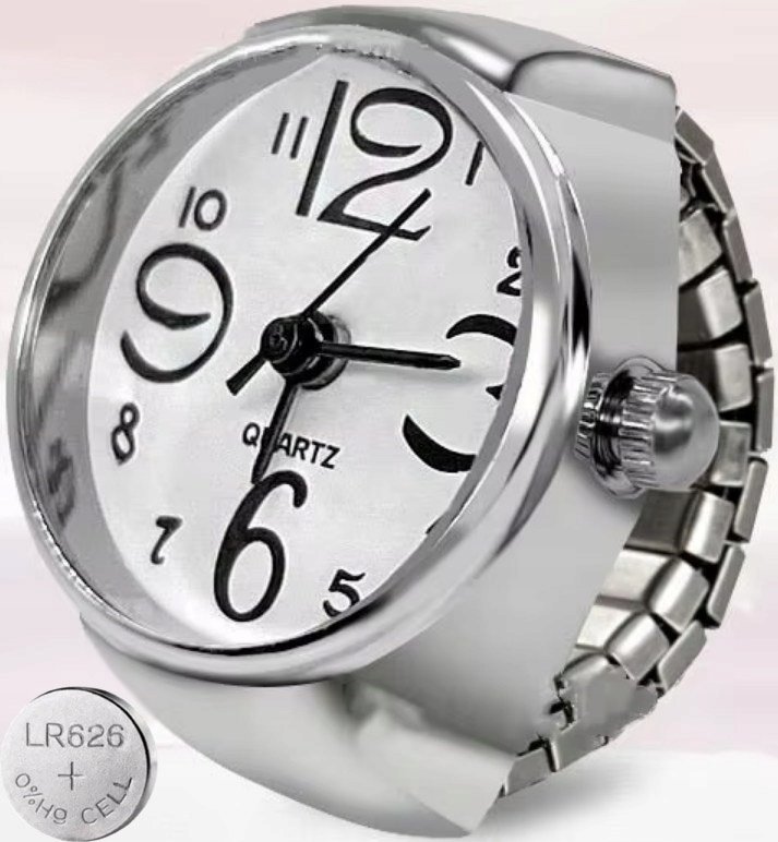 Srebrny Sygnet Mini Zegarek na Palec Regulowany Rozmiar 11-29 Działający