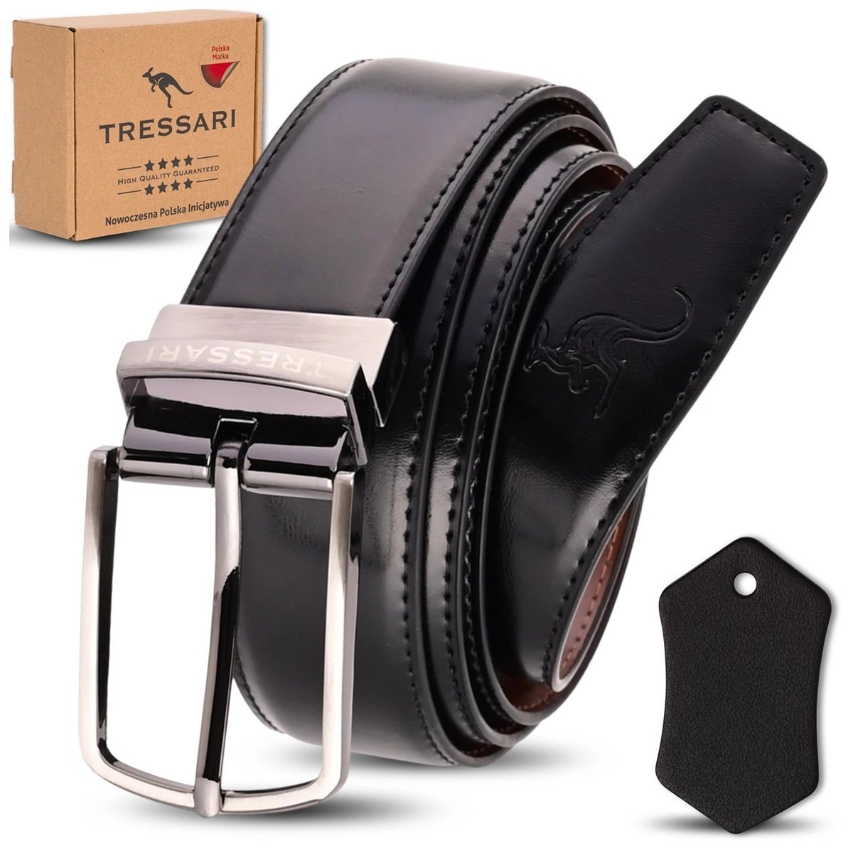 TRESSARI Skórzany Pasek dwustronny czarny brązowy 120cm do spodni