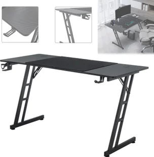 Biurko gamingowe ACXIN, 140 x 60 cm z haczykiem na słuchawki i uchwytem na kubek, konstrukcja w kształcie litery Z, biurko gamingowe z włókna węglowego, czarne - Biurka gamingowe - miniaturka - grafika 1