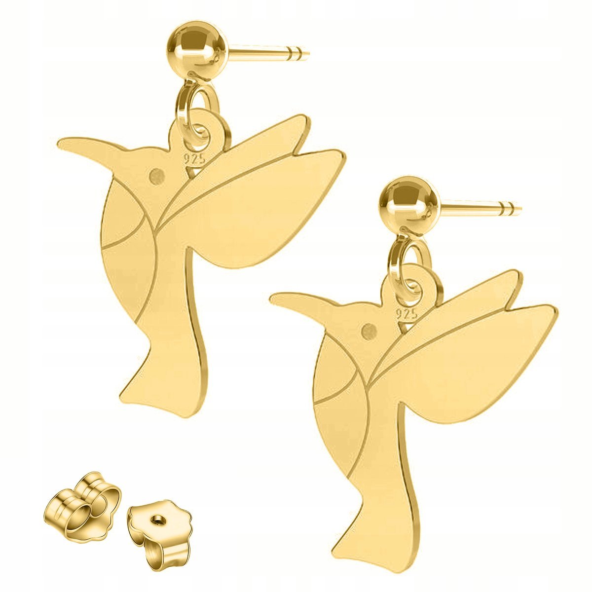 Złote Kolczyki z Ptakami Kolibry Ptak Zwierzęta Koliber SREBRO 925