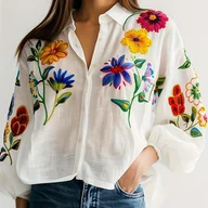 Koszule damskie - TEMU Elegancka biała koszula damskiej z długim rękawem i haftem - dekolt w kształcie litery V, kolorowy wzór kwiatowy, lekki poliester, idealna na - miniaturka - grafika 1