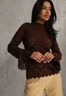 Bluzki damskie - Brązowa Bluzka z Koronki ze Stójką i Falbankami przy Rękawach Nemira - miniaturka - grafika 1