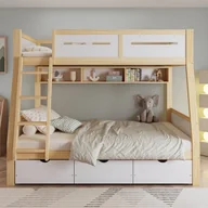 Łóżka dla dzieci i młodzieży - Łóżko piętrowe drewniane 90x200cm + 120x200cm - z drabinką i 3 szufladami - Białe + Naturalne (bez materaca) - miniaturka - grafika 1