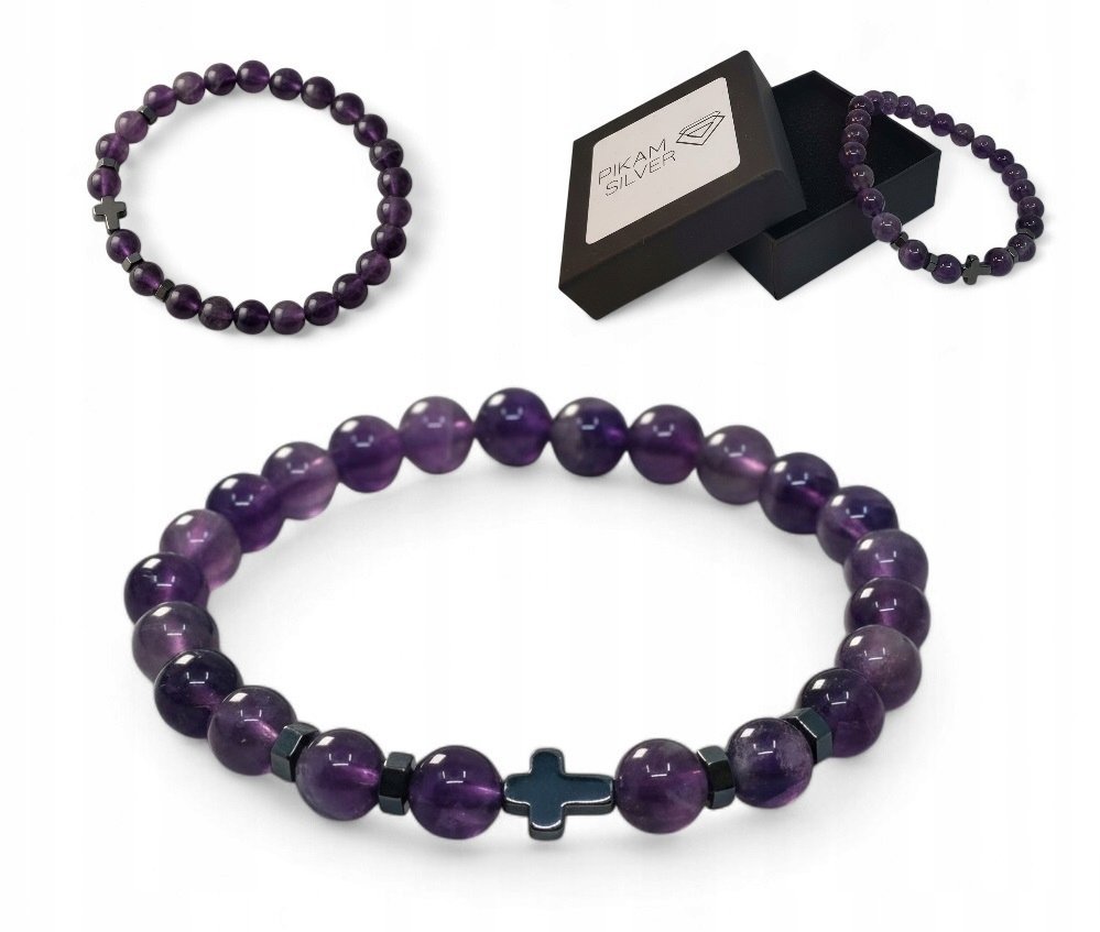 Bransoletka Z Kamieni Naturalnych 8mm Ametyst Z Krzyżykiem Na Gumce