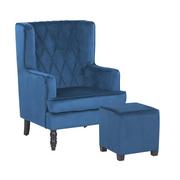 Fotele - Beliani Welurowy fotel z podnóżkiem niebieski SANDSET - miniaturka - grafika 1