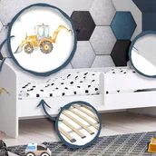 Łóżka dla dzieci i młodzieży - Białe Łóżko Dziecięce 160x80 cm z Motywem Koparki z Barierką – W Zestawie Materac Piankowy i Pełna Konstrukcja, Wymiary: 164x88x63 cm - miniaturka - grafika 1