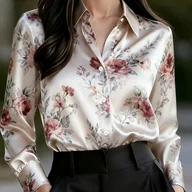 Koszule damskie - TEMU Elegancka bluzka damska w kwiatowy wzór - Koszula z długim rękawem zapinana na guziki z kołnierzykiem, całoroczna bluzka do biura i na imprezy w - miniaturka - grafika 1