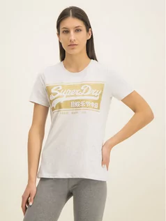 Koszulki i topy damskie - Superdry T-Shirt V Logo Block Emboss Glitter Entry Tee W1000081A Szary Classic Fit - grafika 1