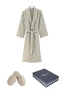 Szlafroki męskie - Unisex szlafrok MICRO COTTON w ozdobnym opakowaniu + kapcie Jasnobeżowy L + kapcie (42/44) + w pudełku - miniaturka - grafika 1