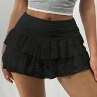 Spódnice - TEMU Modna i urocza damska mini spódniczka A-line z czarnej koronki, z podwójną warstwą falban i wstążkami, w jednolitym kolorze. - miniaturka - grafika 1