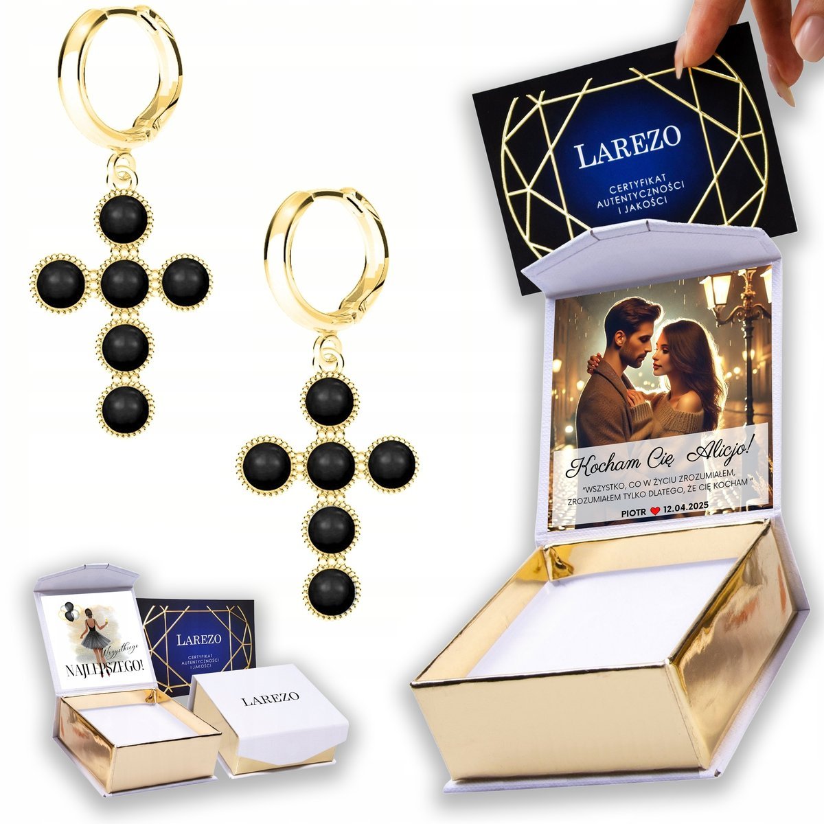 Złote Kolczyki 925 Krzyże z Czarnymi Perłami Krzyżyki Czarne NADRUK