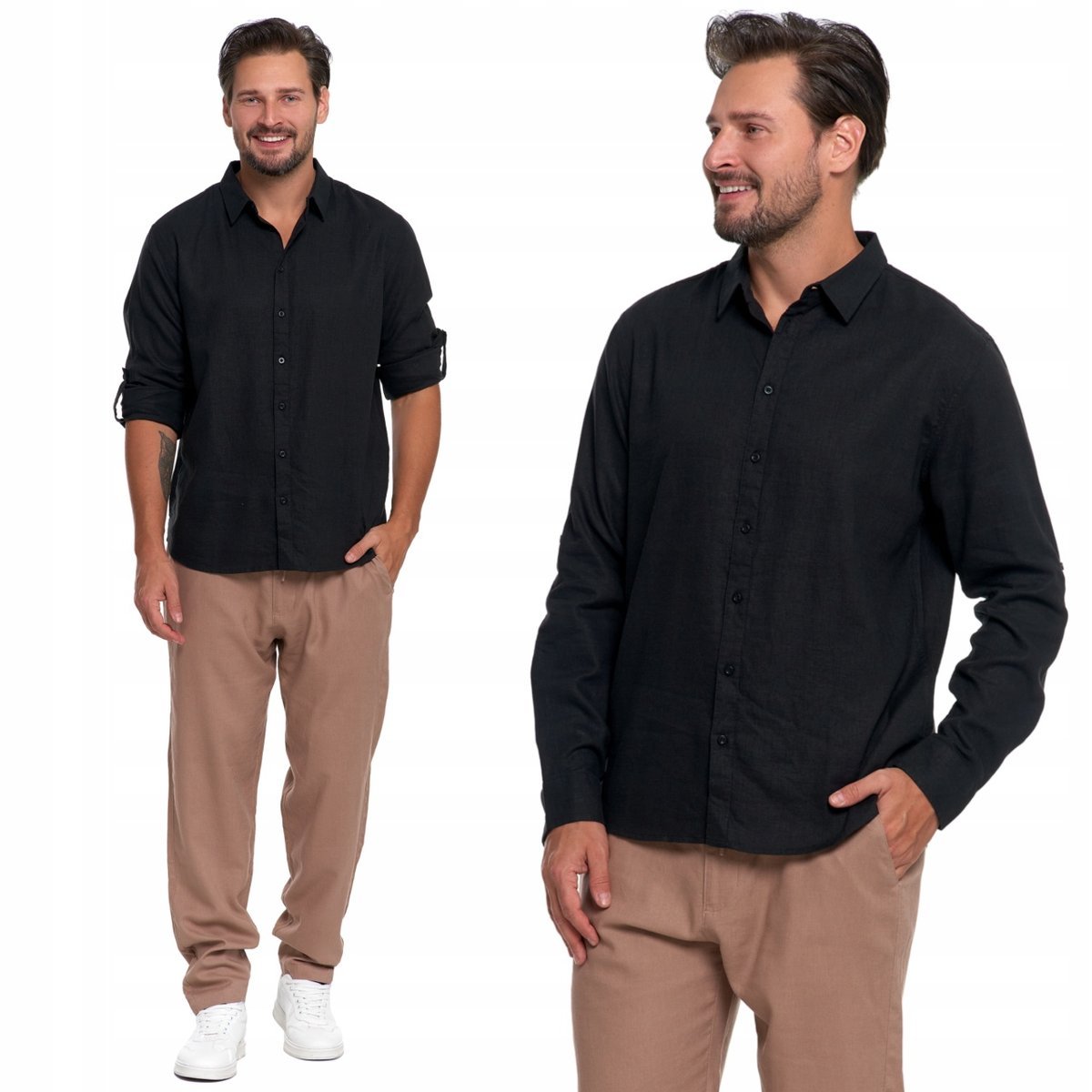 Koszula Męska Lniana Z Długim Rękawem Lekka Elegancka Klasyczna Moraj M Black