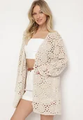 Kurtki damskie - Beżowy Ażurowy Kardigan z Bawełny z Kieszeniami Linsiela - miniaturka - grafika 1