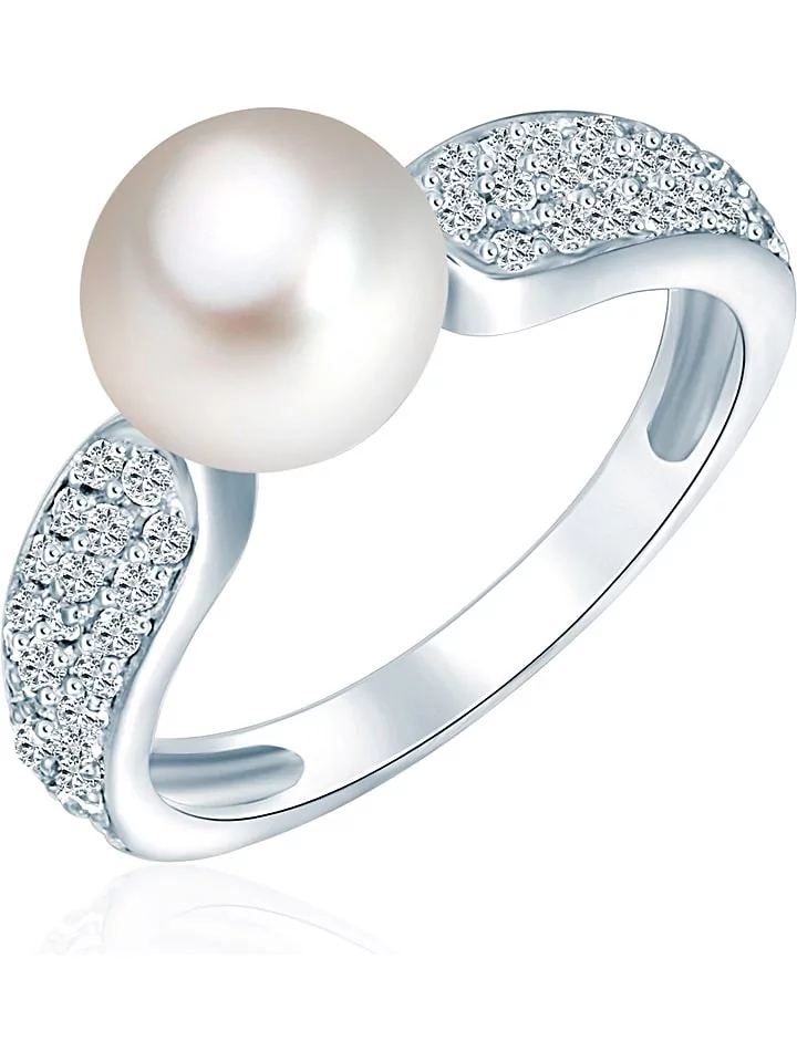 The Pacific Pearl Company Srebrny pierścionek z perłą i cyrkoniami