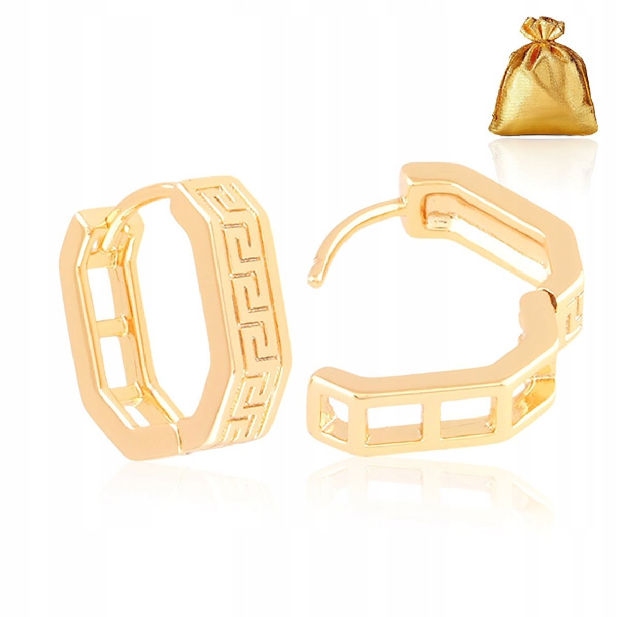 Damskie Złote Kolczyki Wzór Grecki 18K Stal Chirurgiczna Zapięcie Zatrzask