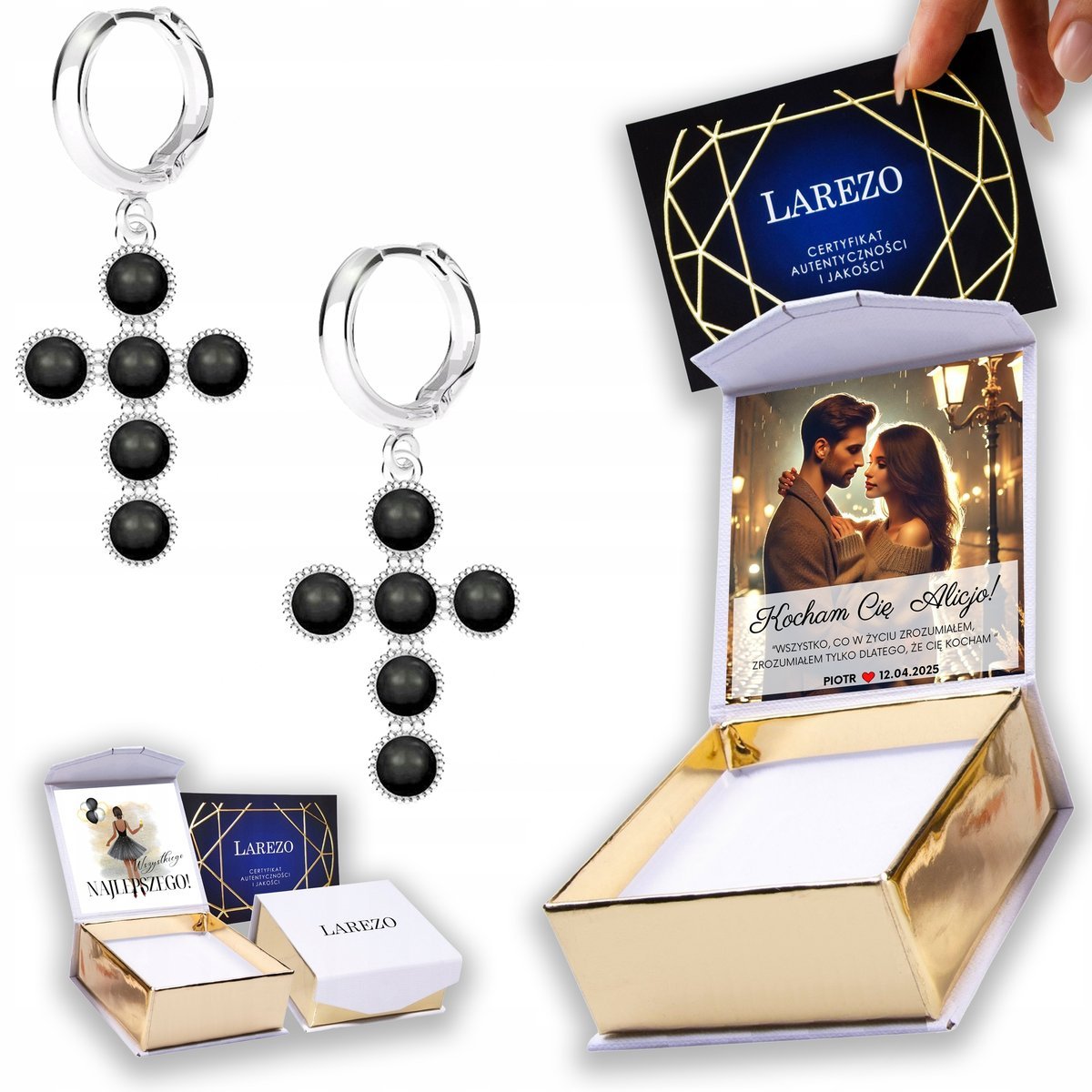 Kolczyki Srebrne 925 Krzyże z Czarnymi Perłami Krzyżyki Czarne NADRUK