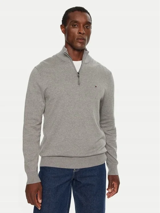 TOMMY HILFIGER SZARY SWETER BAWEŁNIANY Z GOLFEM I SUWAKIEM M 12FA