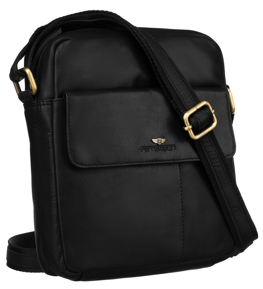 Torba męska skórzana mała czarna listonoszka na suwak PETERSON saszetka miejska na ramię lekka i funkcjonalna kieszonki