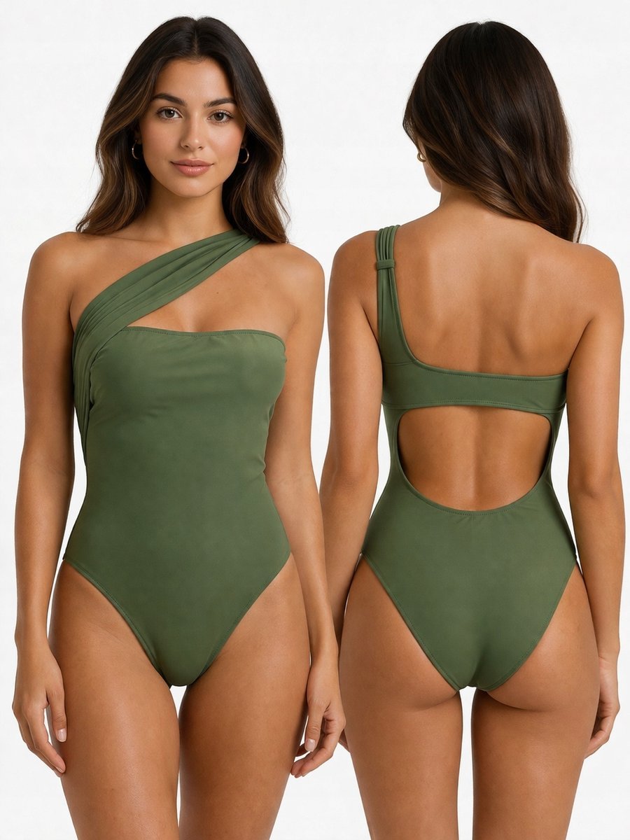 MONOKINI DAMSKIE OLIWKOWE STRÓJ KĄPIELOWY NA JEDNO RAMIĘ ELEGANCKI